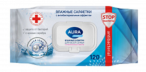AURA FAMILY Влажные салфетки с антибактериальным эффектом big-pack с крышкой 120шт