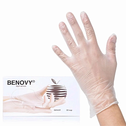BENOVY Vinyl, перчатки виниловые, неопудренные, цвет прозрачный, S 100 шт