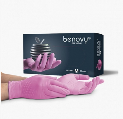 BENOVY Nitrile MultiColor, перчатки нитриловые (текстурир. на пальцах марк), розовые, M, 100 шт