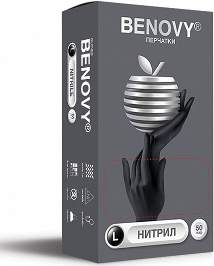 BENOVY Nitrile Chlorinated, перчатки нитриловые (текстурир. на пальца марк.), черные, L, 100 шт